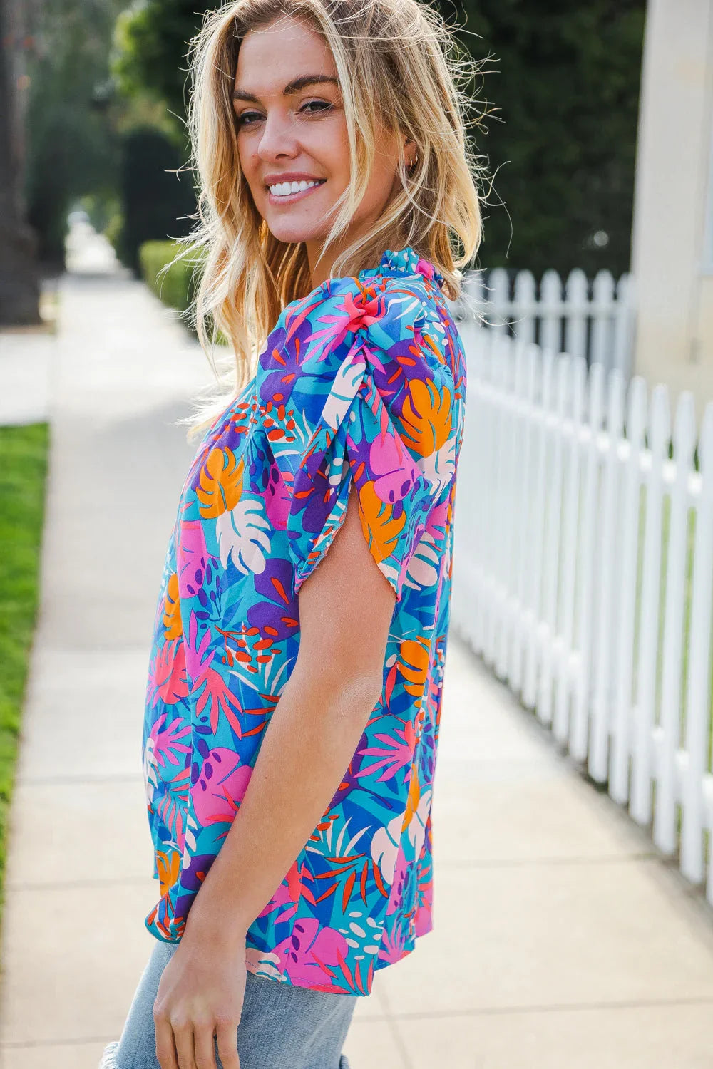 All For You Aqua Tropical Print Frill Notch Neck Puff Sleeve Top | 2024 Blow-Out Sale Daverri Fashions