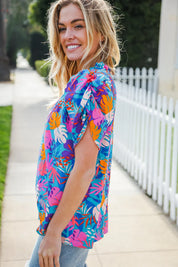 All For You Aqua Tropical Print Frill Notch Neck Puff Sleeve Top | 2024 Blow-Out Sale Daverri Fashions