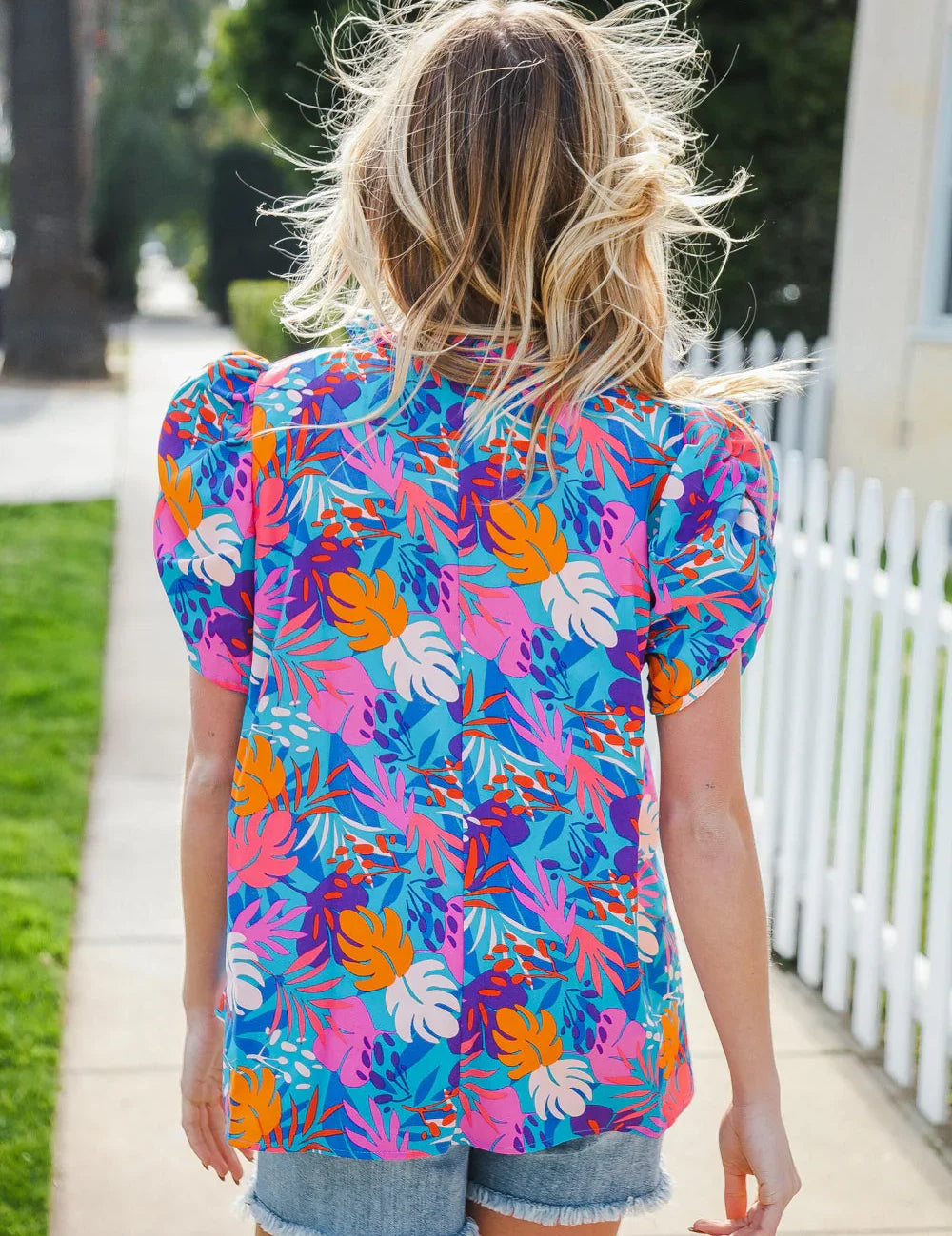 All For You Aqua Tropical Print Frill Notch Neck Puff Sleeve Top | 2024 Blow-Out Sale Daverri Fashions