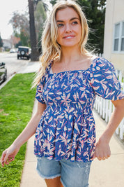 Blue & Pink Floral Square Neck Crinkle Smocked Top | Daverri Fashions