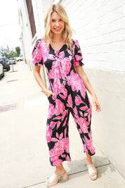 Spring Vibes Black Floral Print Ruffle Sleeve Wide Leg Jumpsuit | 07-01-25 Summer Sale Daverri Fashions