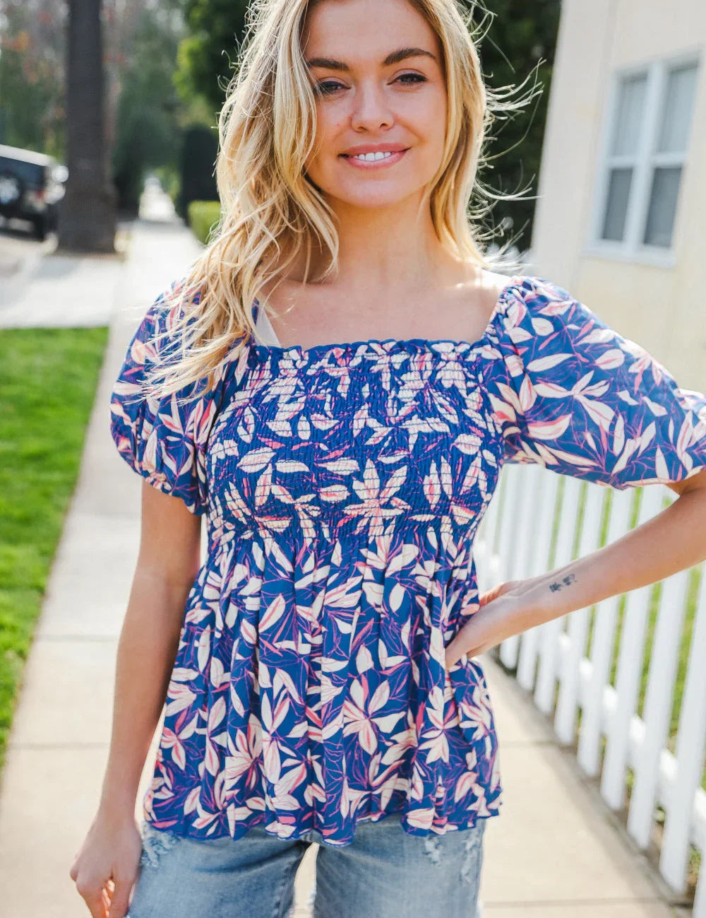 Blue & Pink Floral Square Neck Crinkle Smocked Top | Daverri Fashions