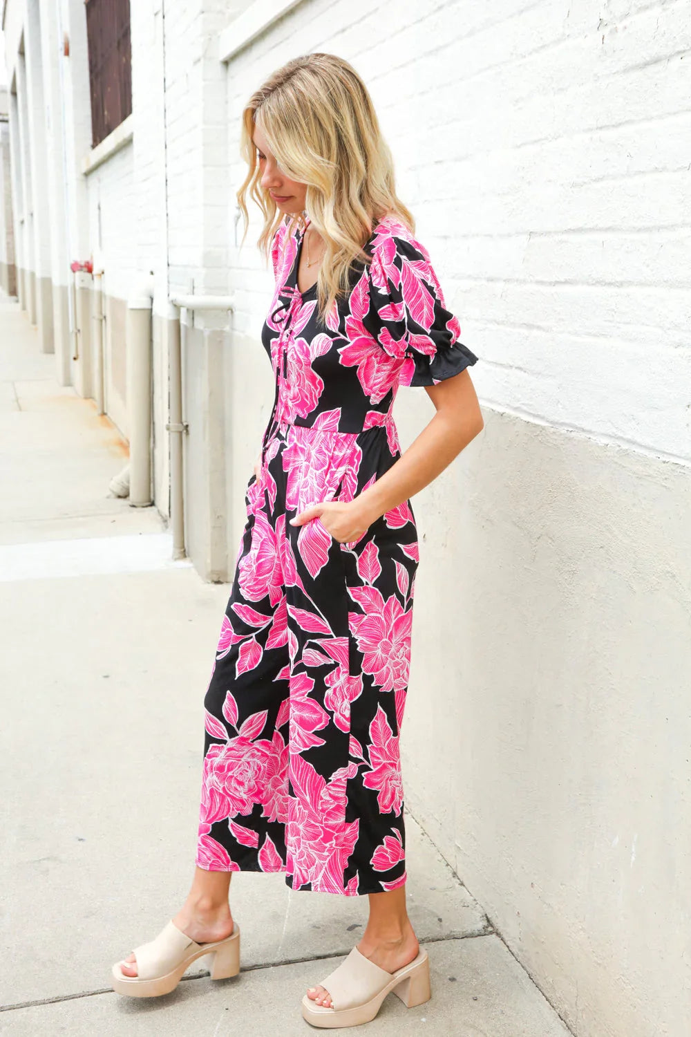 Spring Vibes Black Floral Print Ruffle Sleeve Wide Leg Jumpsuit | 07-01-25 Summer Sale Daverri Fashions