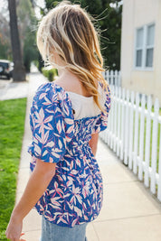 Blue & Pink Floral Square Neck Crinkle Smocked Top | Daverri Fashions