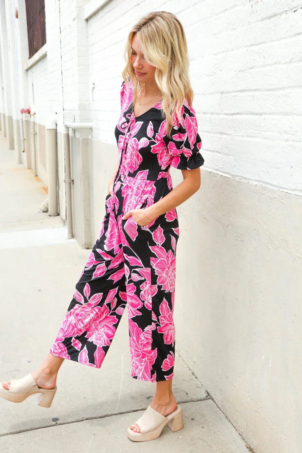Spring Vibes Black Floral Print Ruffle Sleeve Wide Leg Jumpsuit | 07-01-25 Summer Sale Daverri Fashions