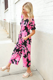 Spring Vibes Black Floral Print Ruffle Sleeve Wide Leg Jumpsuit | 07-01-25 Summer Sale Daverri Fashions