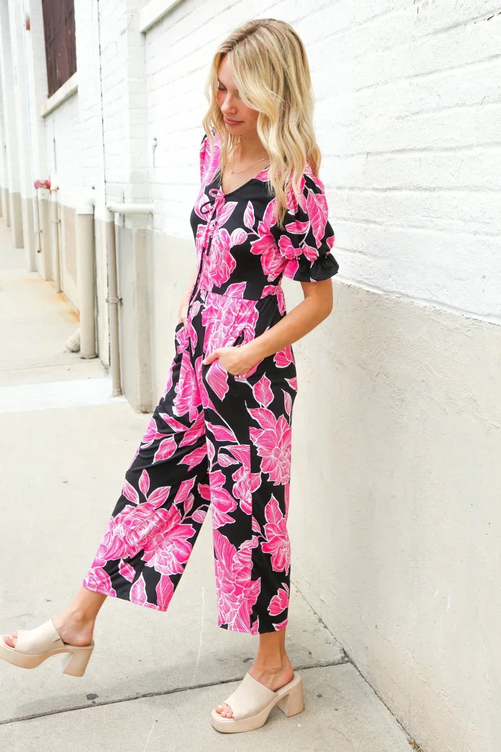 Spring Vibes Black Floral Print Ruffle Sleeve Wide Leg Jumpsuit - DAVERRI FASHIONS