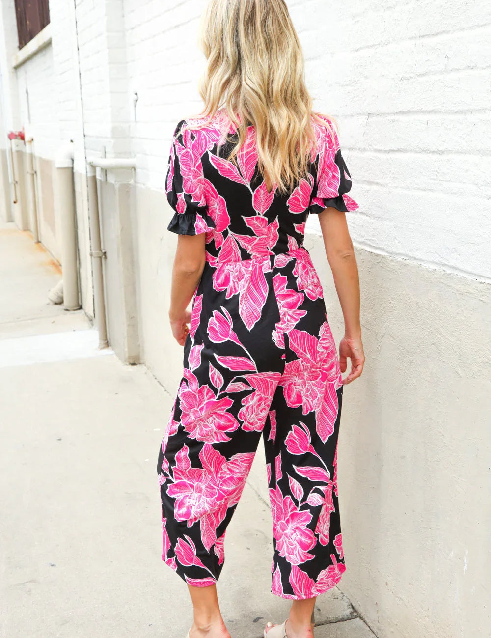 Spring Vibes Black Floral Print Ruffle Sleeve Wide Leg Jumpsuit | 07-01-25 Summer Sale Daverri Fashions
