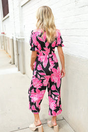 Spring Vibes Black Floral Print Ruffle Sleeve Wide Leg Jumpsuit | 07-01-25 Summer Sale Daverri Fashions