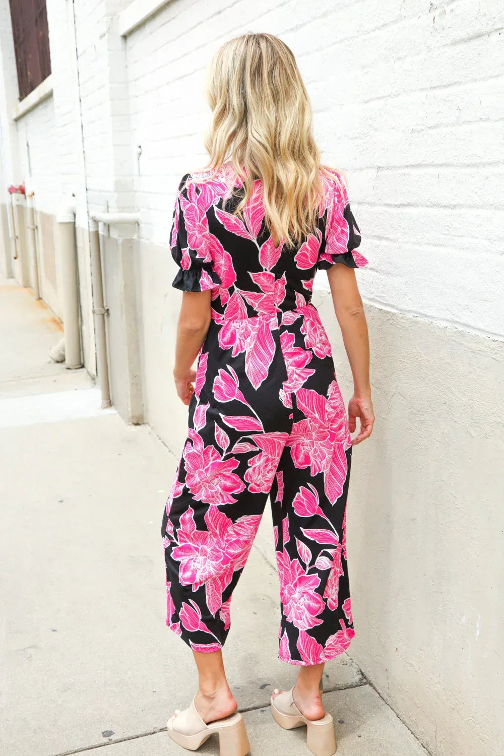 Spring Vibes Black Floral Print Ruffle Sleeve Wide Leg Jumpsuit - DAVERRI FASHIONS
