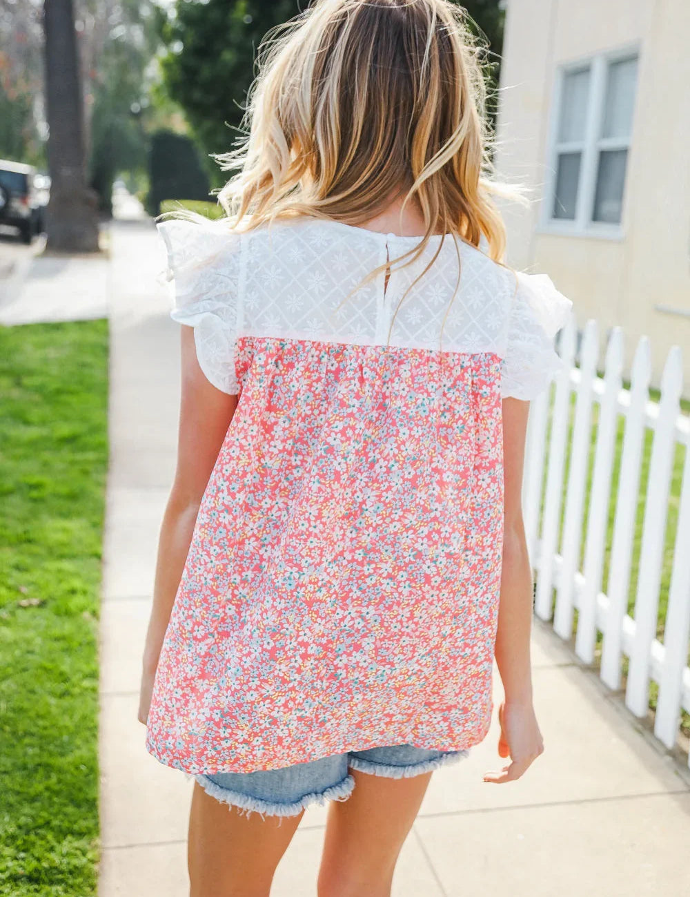 Coral & White Cotton Floral Embroidered Yoke Top | 07-01-25 Summer Sale Daverri Fashions