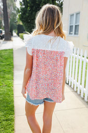 Coral & White Cotton Floral Embroidered Yoke Top | 07-01-25 Summer Sale Daverri Fashions