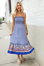 Follow Me Navy Boho Print Smocked Shoulder Tie Border Hem Dress | 07-01-25 Summer Sale Daverri Fashions