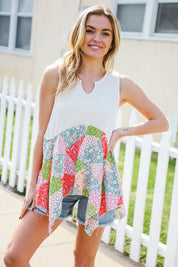 Feeling Femme Beige Patchwork Notched Neck Shark bite Top | 07-01-25 Summer Sale Daverri Fashions