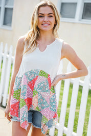 Feeling Femme Beige Patchwork Notched Neck Shark bite Top | 07-01-25 Summer Sale Daverri Fashions