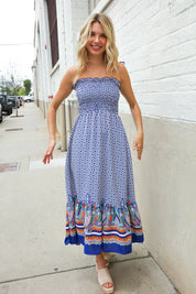 Follow Me Navy Boho Print Smocked Shoulder Tie Border Hem Dress | 07-01-25 Summer Sale Daverri Fashions