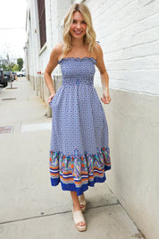 Follow Me Navy Boho Print Smocked Shoulder Tie Border Hem Dress | 07-01-25 Summer Sale Daverri Fashions