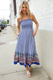Follow Me Navy Boho Print Smocked Shoulder Tie Border Hem Dress | 07-01-25 Summer Sale Daverri Fashions