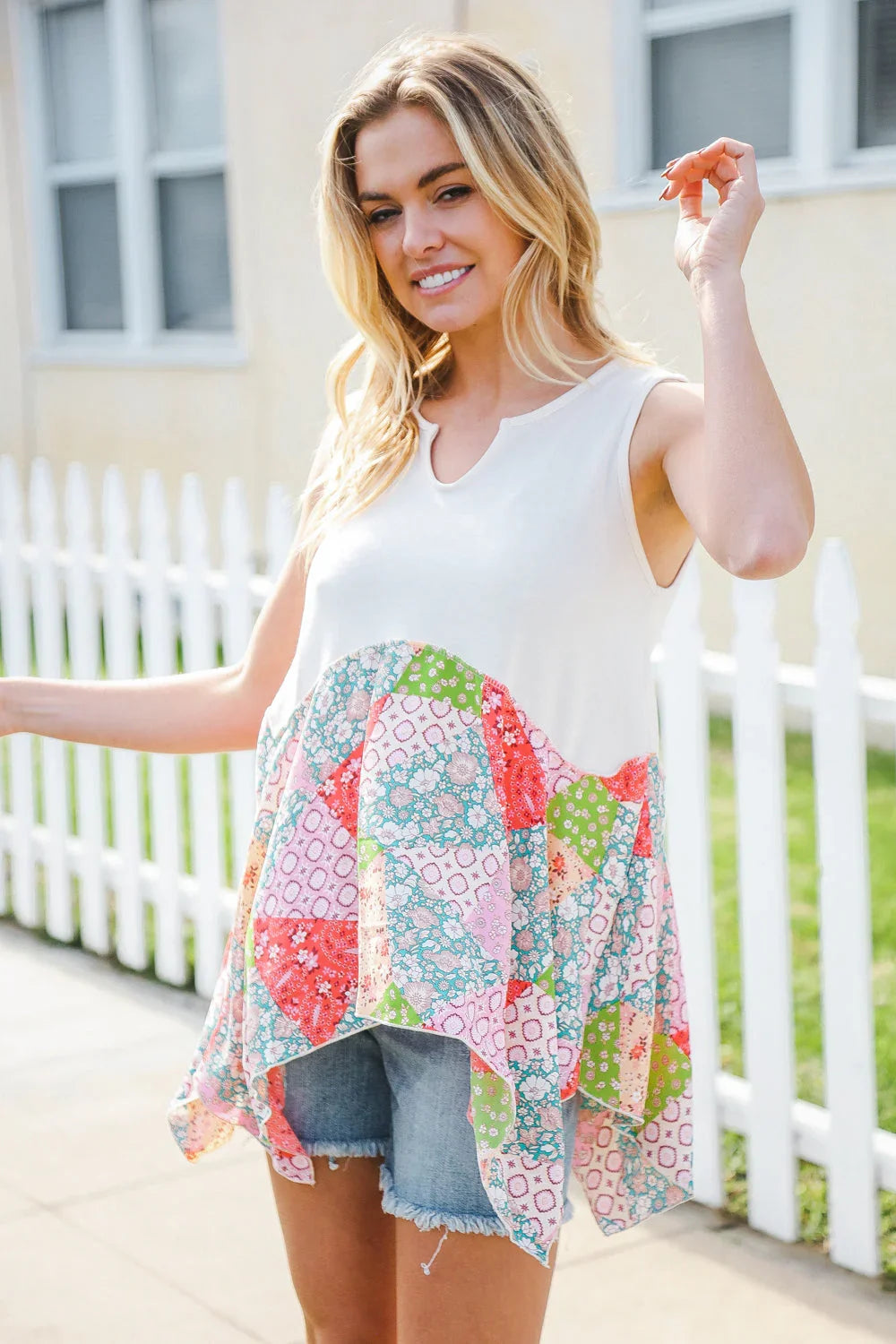 Feeling Femme Beige Patchwork Notched Neck Shark bite Top | 07-01-25 Summer Sale Daverri Fashions