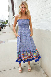 Follow Me Navy Boho Print Smocked Shoulder Tie Border Hem Dress | 07-01-25 Summer Sale Daverri Fashions