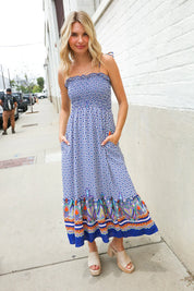 Follow Me Navy Boho Print Smocked Shoulder Tie Border Hem Dress | 07-01-25 Summer Sale Daverri Fashions