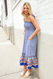 Follow Me Navy Boho Print Smocked Shoulder Tie Border Hem Dress | 07-01-25 Summer Sale Daverri Fashions
