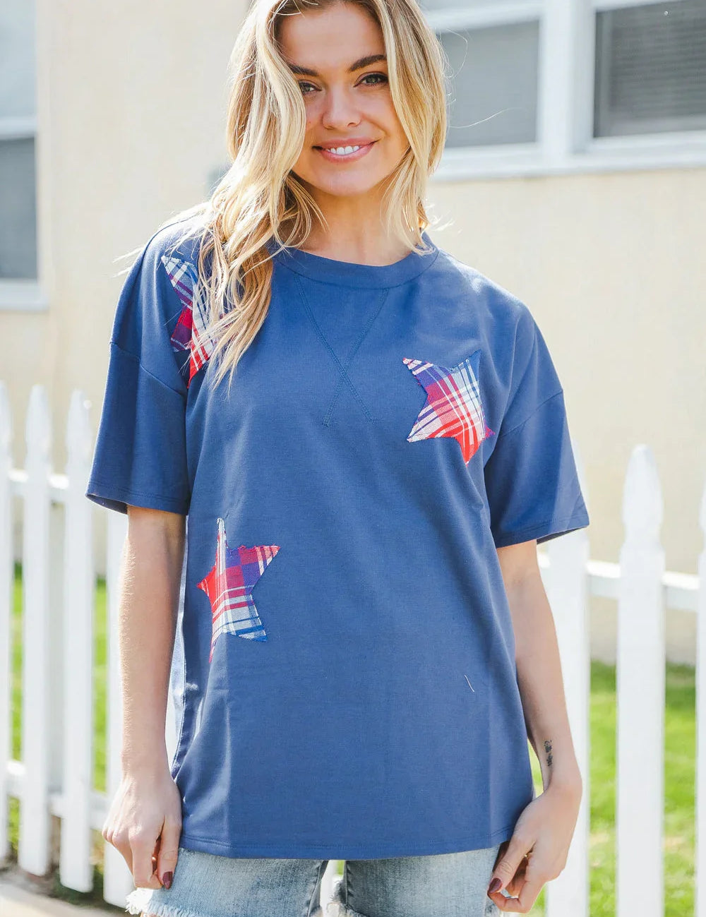 Patriotic Denim Blue French Terry Plaid Star Patch Top | 2024 Blow-Out Sale Daverri Fashions