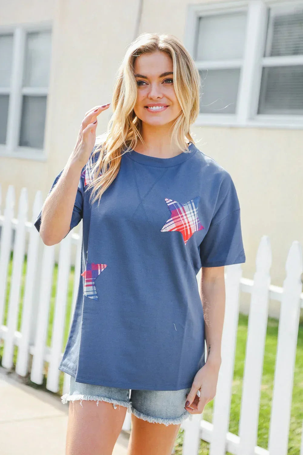 Patriotic Denim Blue French Terry Plaid Star Patch Top - DAVERRI FASHIONS