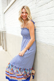 Follow Me Navy Boho Print Smocked Shoulder Tie Border Hem Dress | 07-01-25 Summer Sale Daverri Fashions