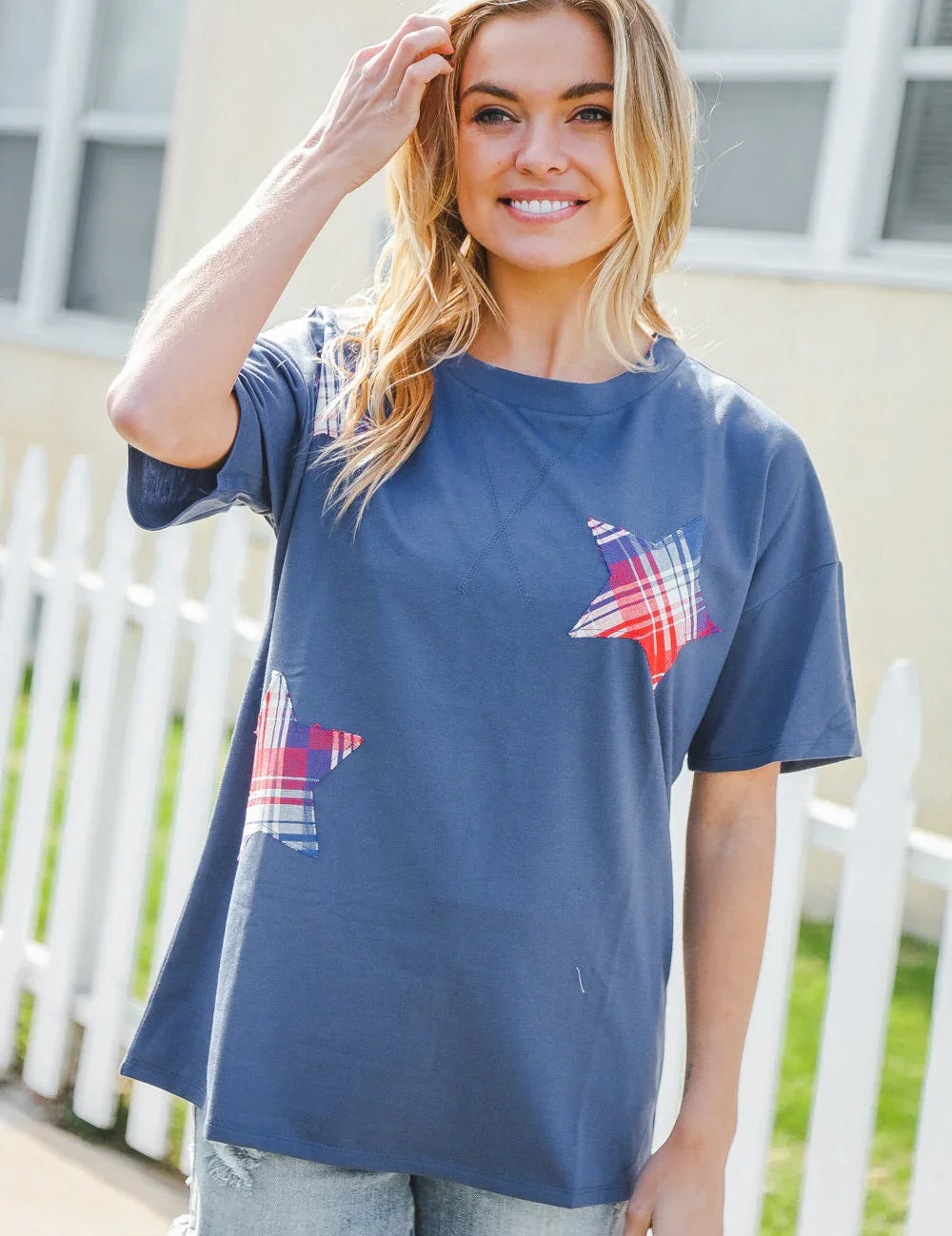 Patriotic Denim Blue French Terry Plaid Star Patch Top | 2024 Blow-Out Sale Daverri Fashions