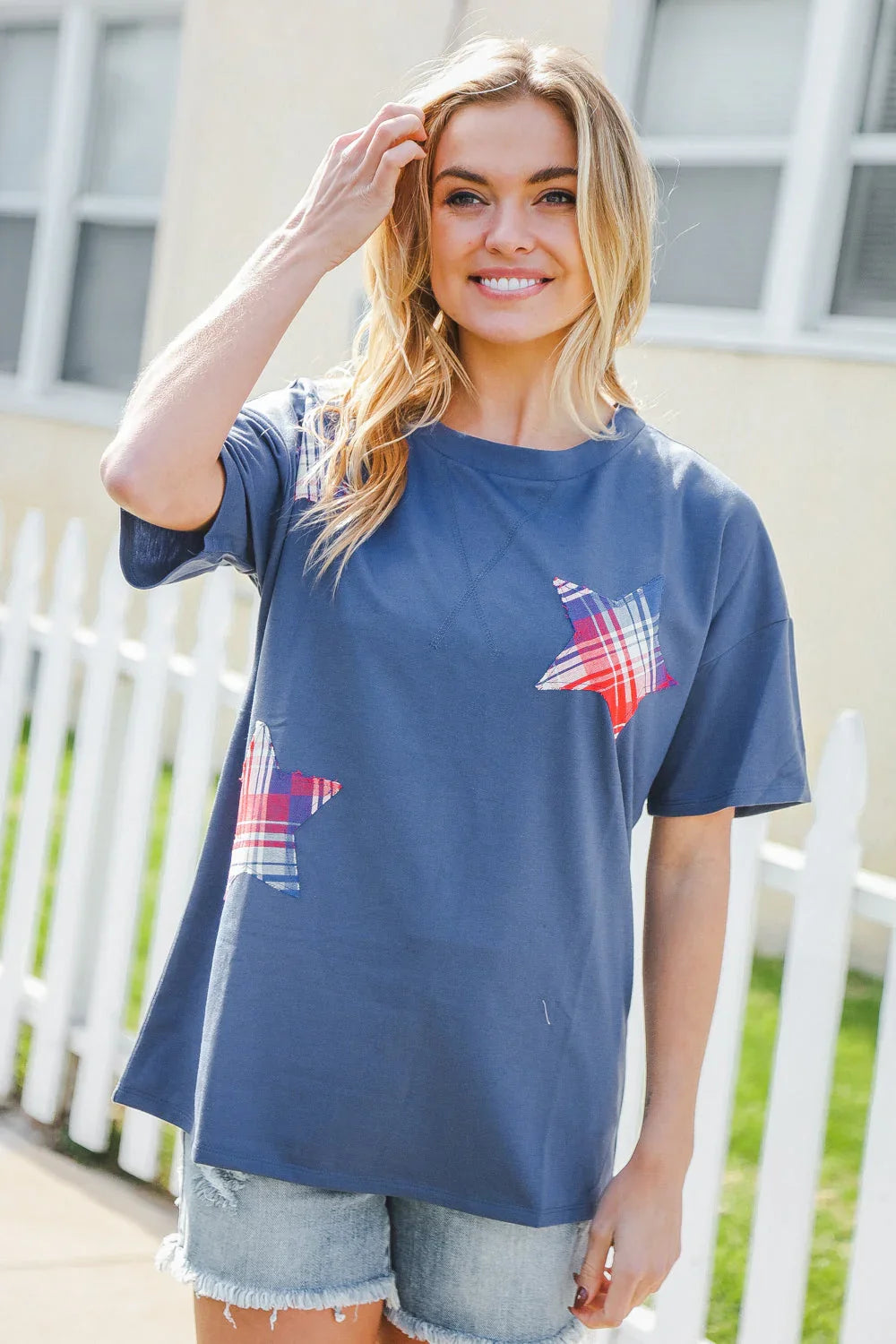 Patriotic Denim Blue French Terry Plaid Star Patch Top | 2024 Blow-Out Sale Daverri Fashions