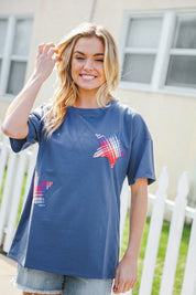 Patriotic Denim Blue French Terry Plaid Star Patch Top | 2024 Blow-Out Sale Daverri Fashions