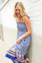 Follow Me Navy Boho Print Smocked Shoulder Tie Border Hem Dress | 07-01-25 Summer Sale Daverri Fashions