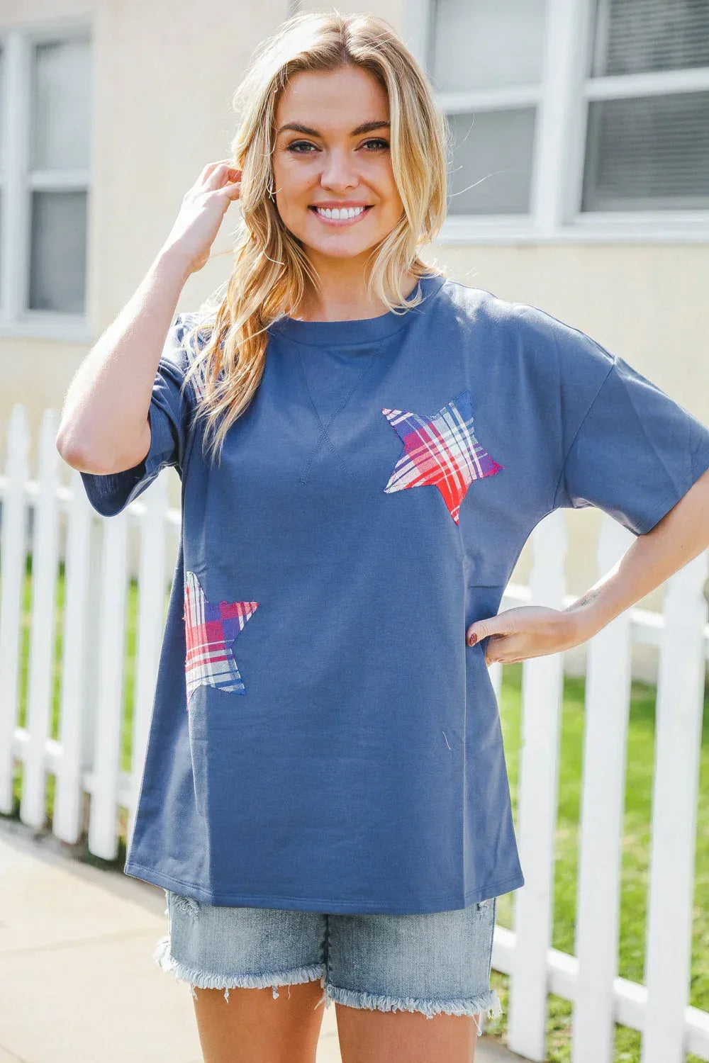 Patriotic Denim Blue French Terry Plaid Star Patch Top - DAVERRI FASHIONS