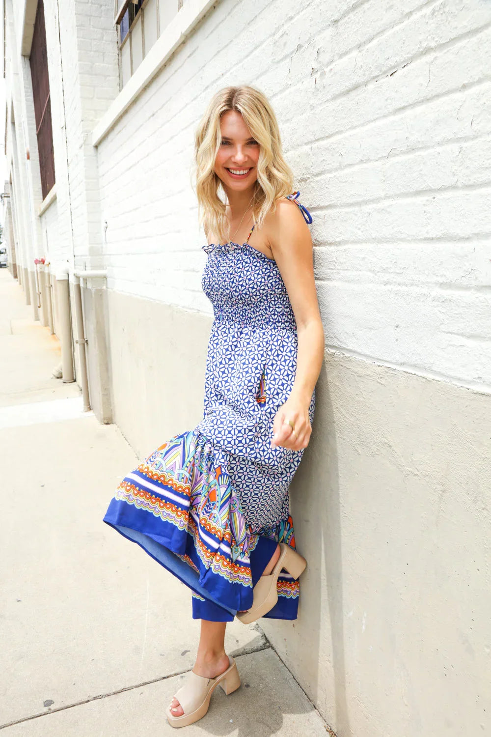 Follow Me Navy Boho Print Smocked Shoulder Tie Border Hem Dress | 07-01-25 Summer Sale Daverri Fashions