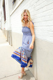 Follow Me Navy Boho Print Smocked Shoulder Tie Border Hem Dress | 07-01-25 Summer Sale Daverri Fashions