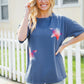 Patriotic Denim Blue French Terry Plaid Star Patch Top - DAVERRI FASHIONS