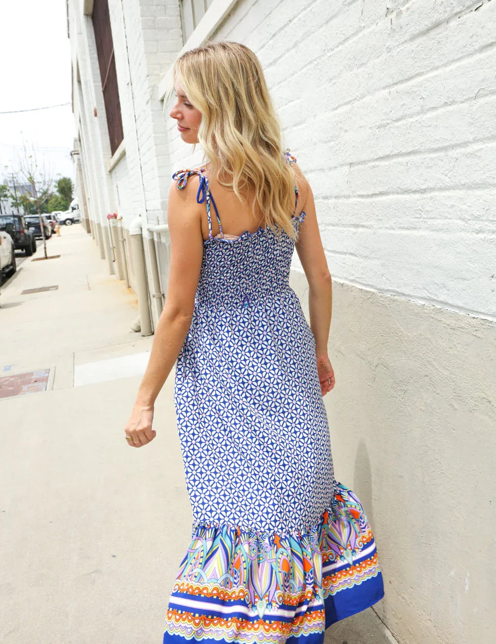 Follow Me Navy Boho Print Smocked Shoulder Tie Border Hem Dress | 07-01-25 Summer Sale Daverri Fashions