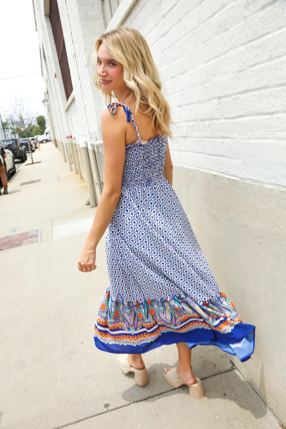 Follow Me Navy Boho Print Smocked Shoulder Tie Border Hem Dress | 07-01-25 Summer Sale Daverri Fashions