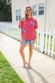 Patriotic Red Fench Terry Plaid Star Patch Top | 2024 Blow-Out Sale Daverri Fashions