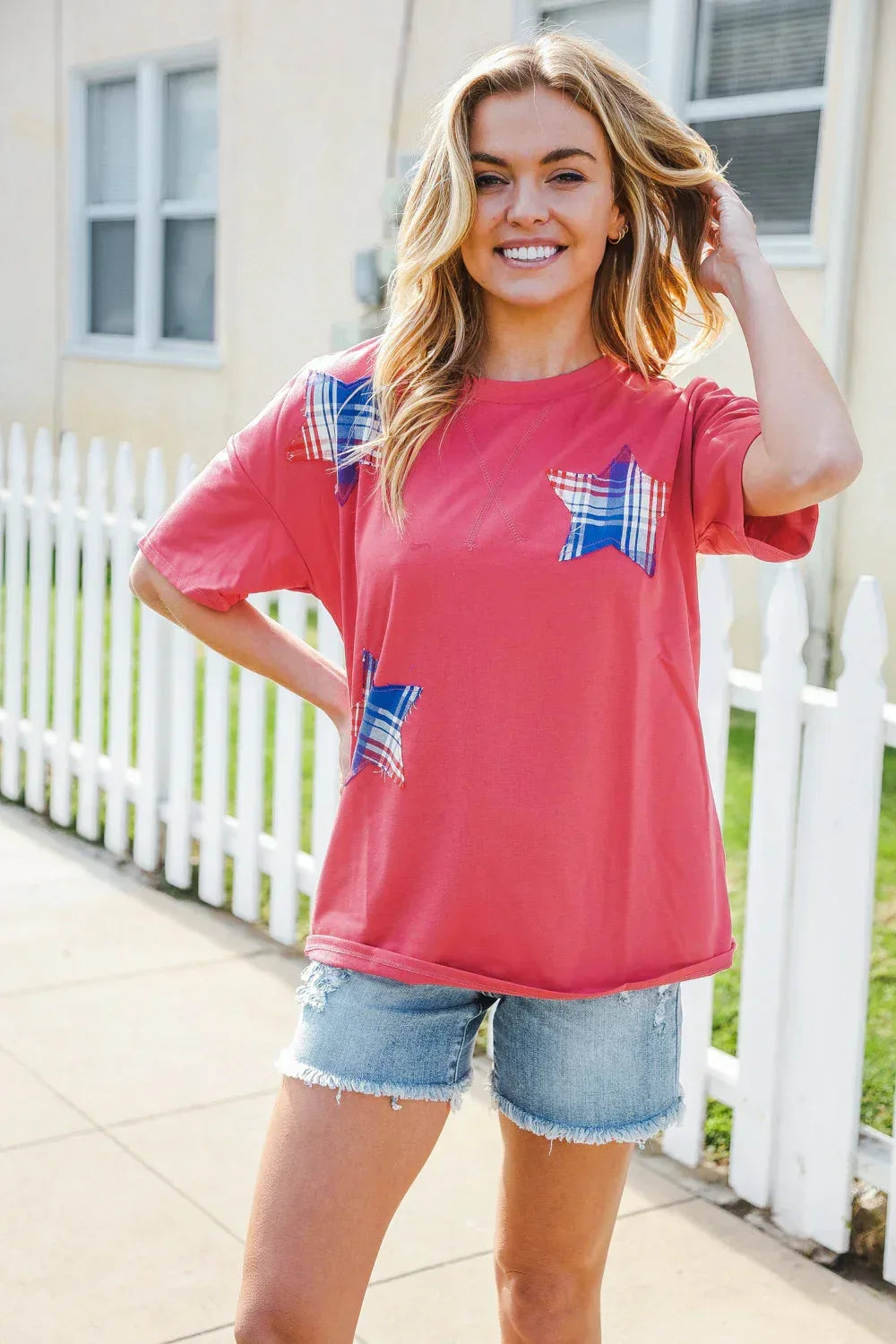 Patriotic Red Fench Terry Plaid Star Patch Top - DAVERRI FASHIONS