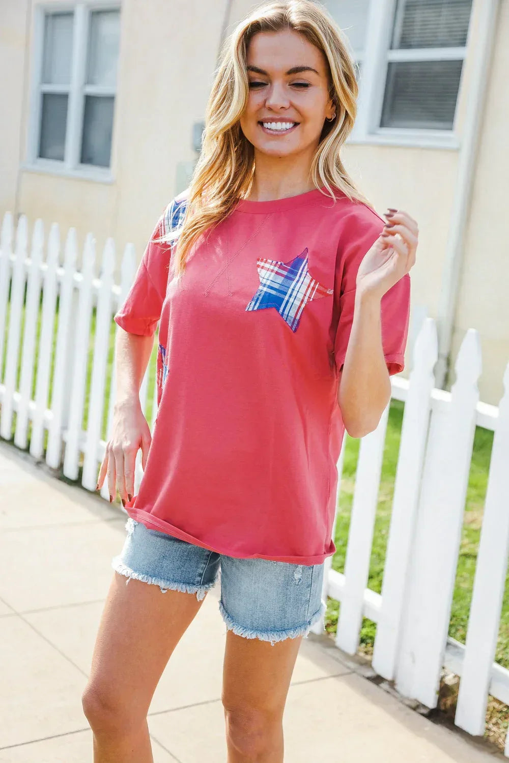 Patriotic Red Fench Terry Plaid Star Patch Top - DAVERRI FASHIONS