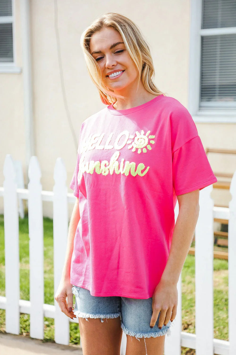 Hello Sunshine Pink/Yellow Embroidered French Terry Pullover | Daverri Fashions