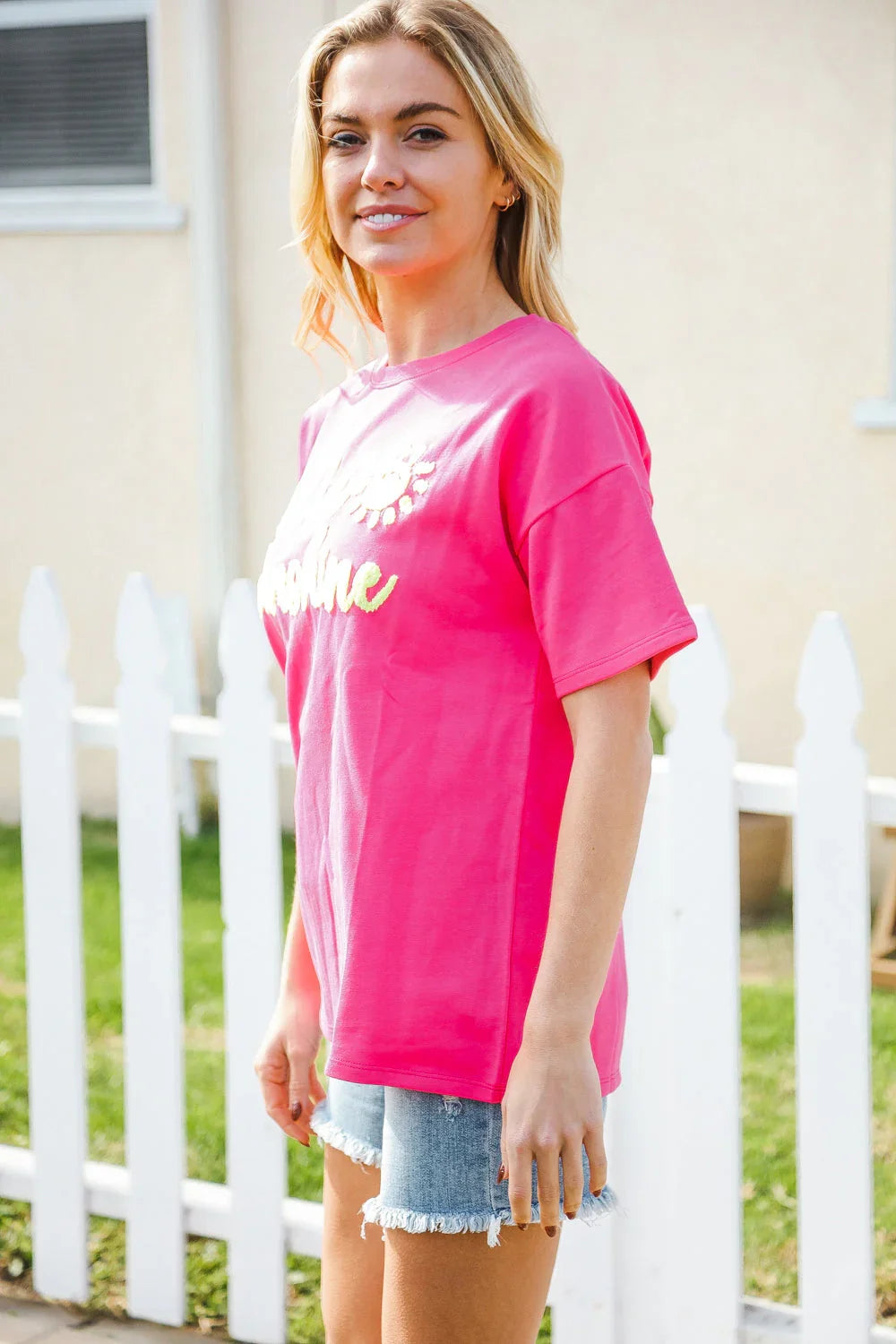 Hello Sunshine Pink/Yellow Embroidered French Terry Pullover | Daverri Fashions