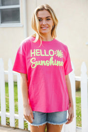 Hello Sunshine Pink/Yellow Embroidered French Terry Pullover | Daverri Fashions