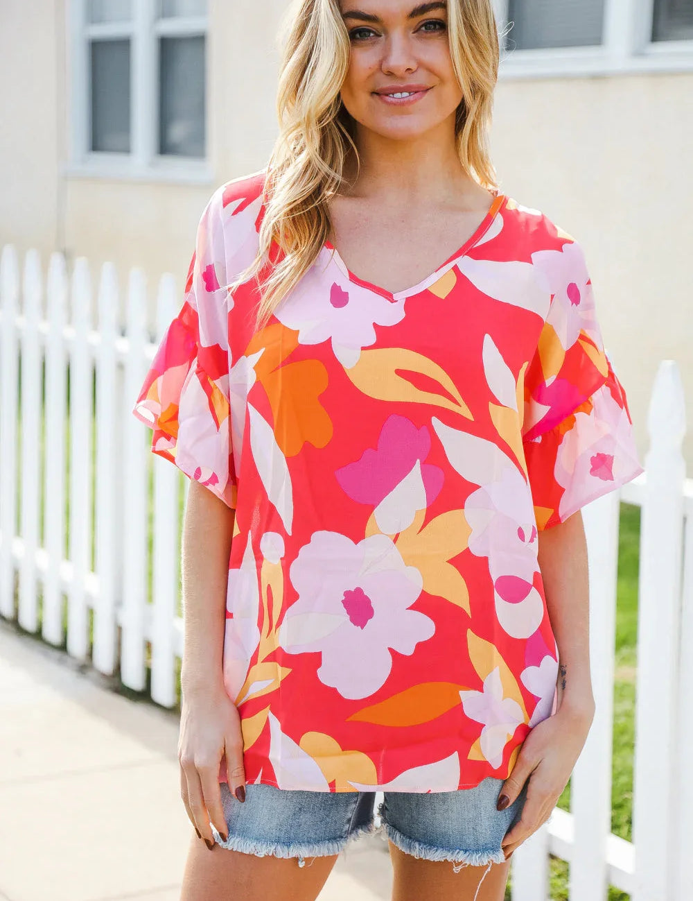 Tropical Vibes Peach Floral Dolman Ruffle Frill Sleeve Blouse | 2024 Summer Blow Out Sale Daverri Fashions
