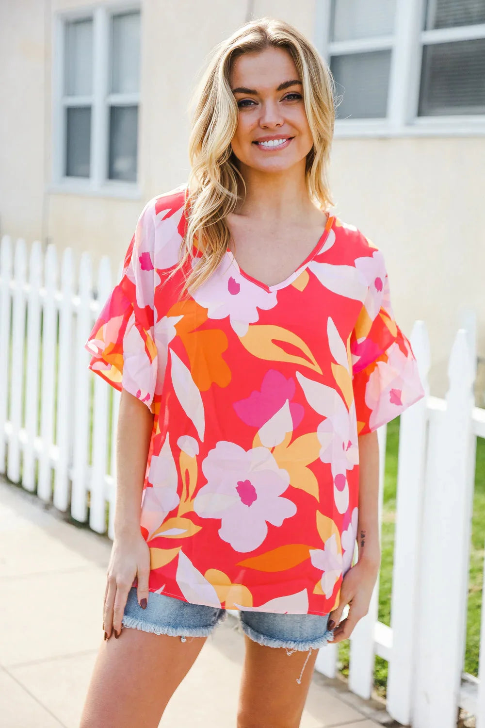Tropical Vibes Peach Floral Dolman Ruffle Frill Sleeve Blouse | 2024 Summer Blow Out Sale Daverri Fashions