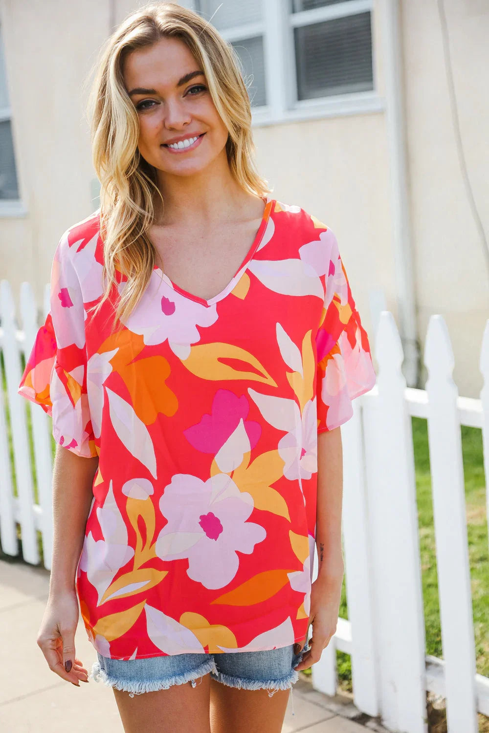 Tropical Vibes Peach Floral Dolman Ruffle Frill Sleeve Blouse | 2024 Summer Blow Out Sale Daverri Fashions