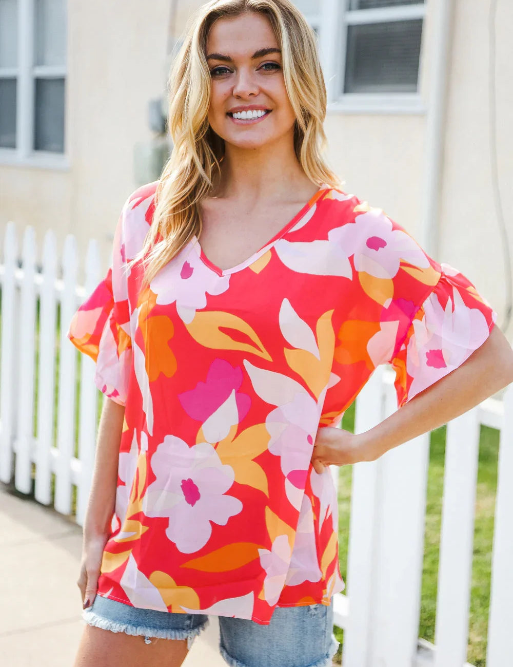 Tropical Vibes Peach Floral Dolman Ruffle Frill Sleeve Blouse | 2024 Summer Blow Out Sale Daverri Fashions