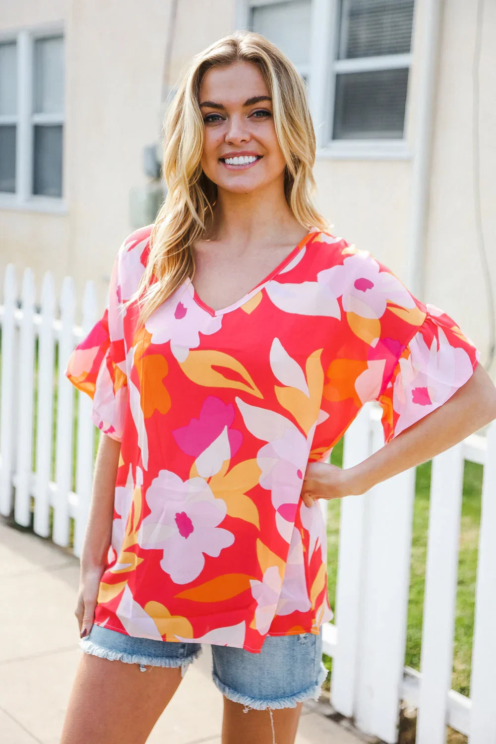 Tropical Vibes Peach Floral Dolman Ruffle Frill Sleeve Blouse | 2024 Summer Blow Out Sale Daverri Fashions